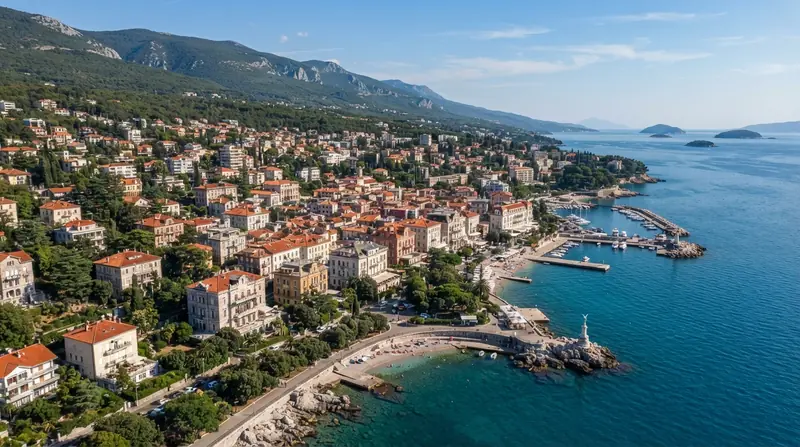 Pogled iz vazduha na Opatiju, Kvarner, Hrvatska — odredište kombi prevoza iz Srbije