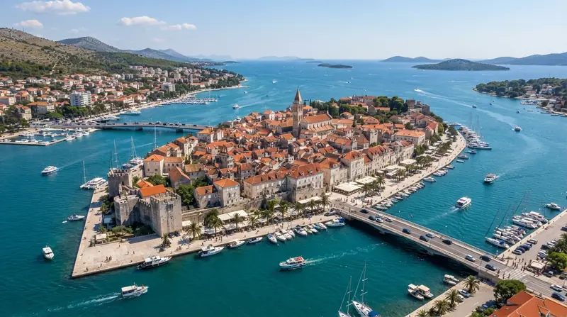 Pogled iz vazduha na Trogir, Srednja Dalmacija, Hrvatska — odredište kombi prevoza iz Srbije