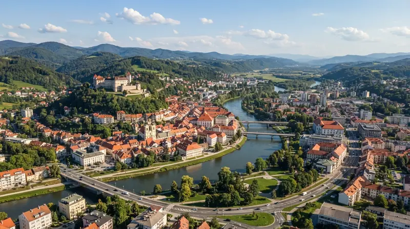 Pogled iz vazduha na Celje, Štajerska, Slovenija — odredište kombi prevoza iz Srbije