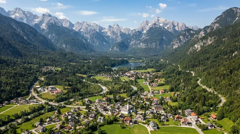 Pogled iz vazduha na region Slovenačke Alpe, Slovenija — kombi prevoz iz Srbije do Slovenačkih Alpa